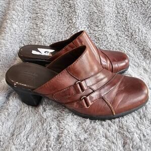 Clarks Womens Bendables Leather Chunky Heel Slip‎ On Mules Clog Size 7M Brown